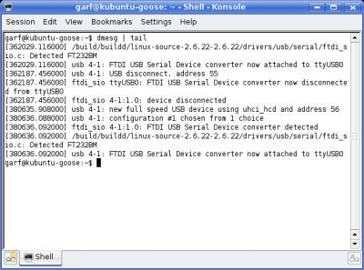 dmesg showing a properly connected and loaded USB to serial converter