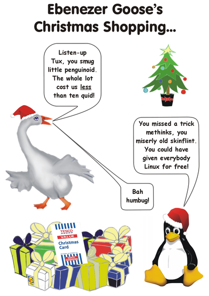 Christmas card 2009. Ebenezer Goose does his Christmas Shopping