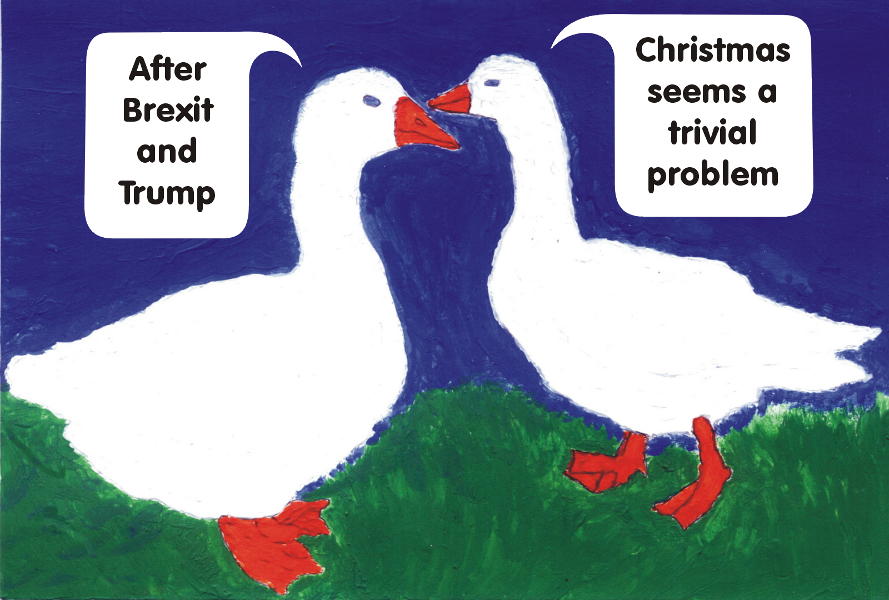 Political geese, lamenting over Brexit and Trump. Painted by Susannah Dora Majlati, 2016